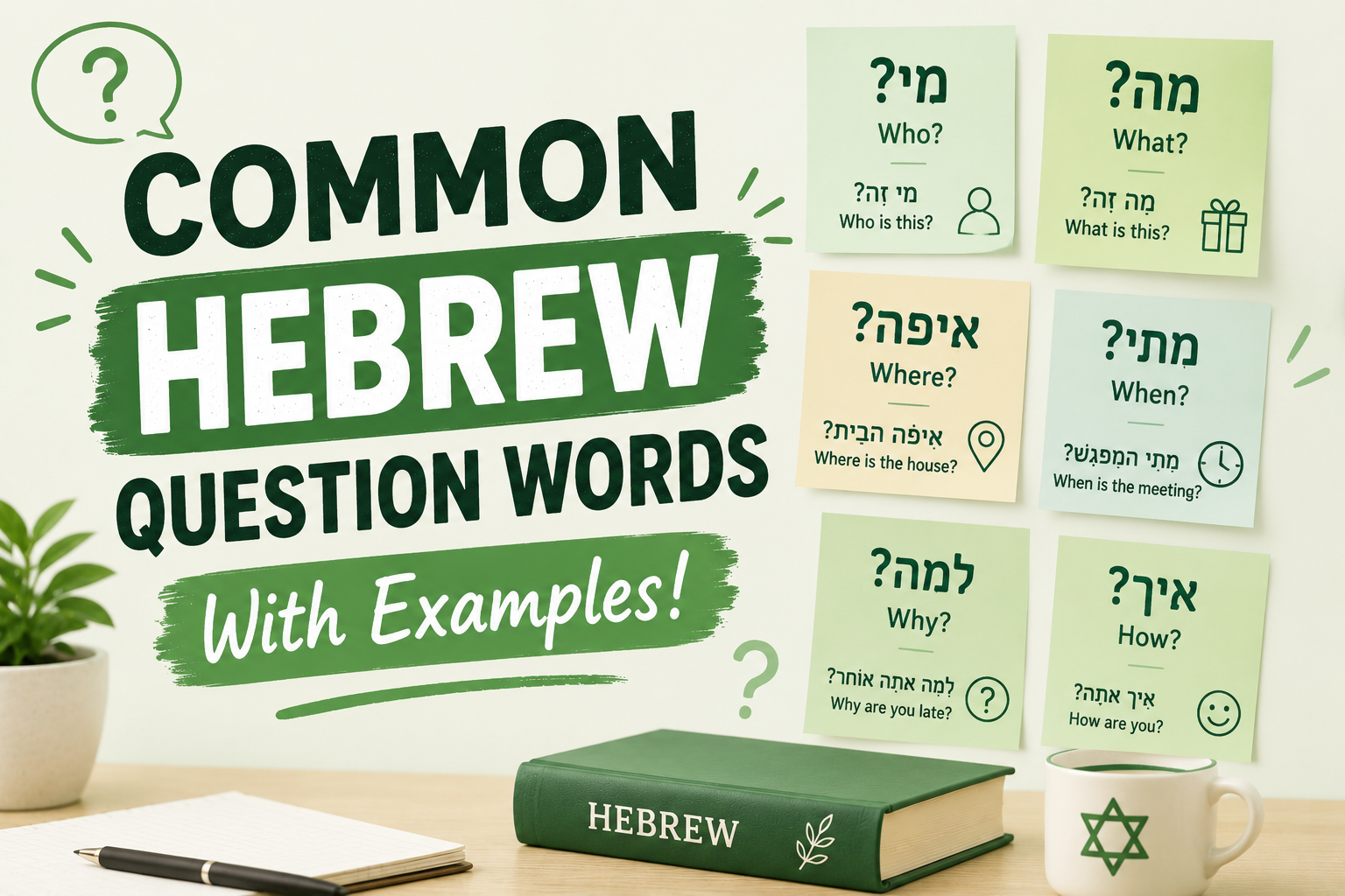 Common Hebrew Question Words With Examples — מי, מה, איפה, מתי, למה, איך